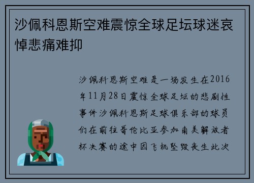 沙佩科恩斯空难震惊全球足坛球迷哀悼悲痛难抑 沙佩科恩斯空难震惊全球足坛球迷哀悼悲痛难抑